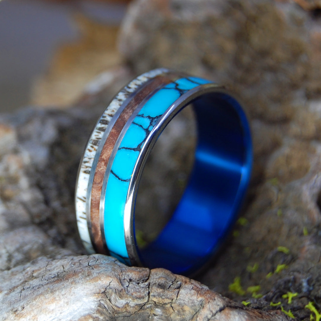 LAGRANGE POINTS | Redwood, Moose Antler & Turquoise - Titanium Wedding Ring - Minter and Richter Designs