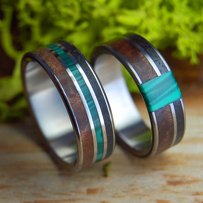 MALACHITE UNITES SET | Malachite Stone, Oregon Lava, CA Redwood & Titanium Wedding Rings