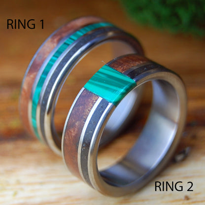 MALACHITE UNITES SET | Malachite Stone, Oregon Lava, CA Redwood & Titanium Wedding Rings