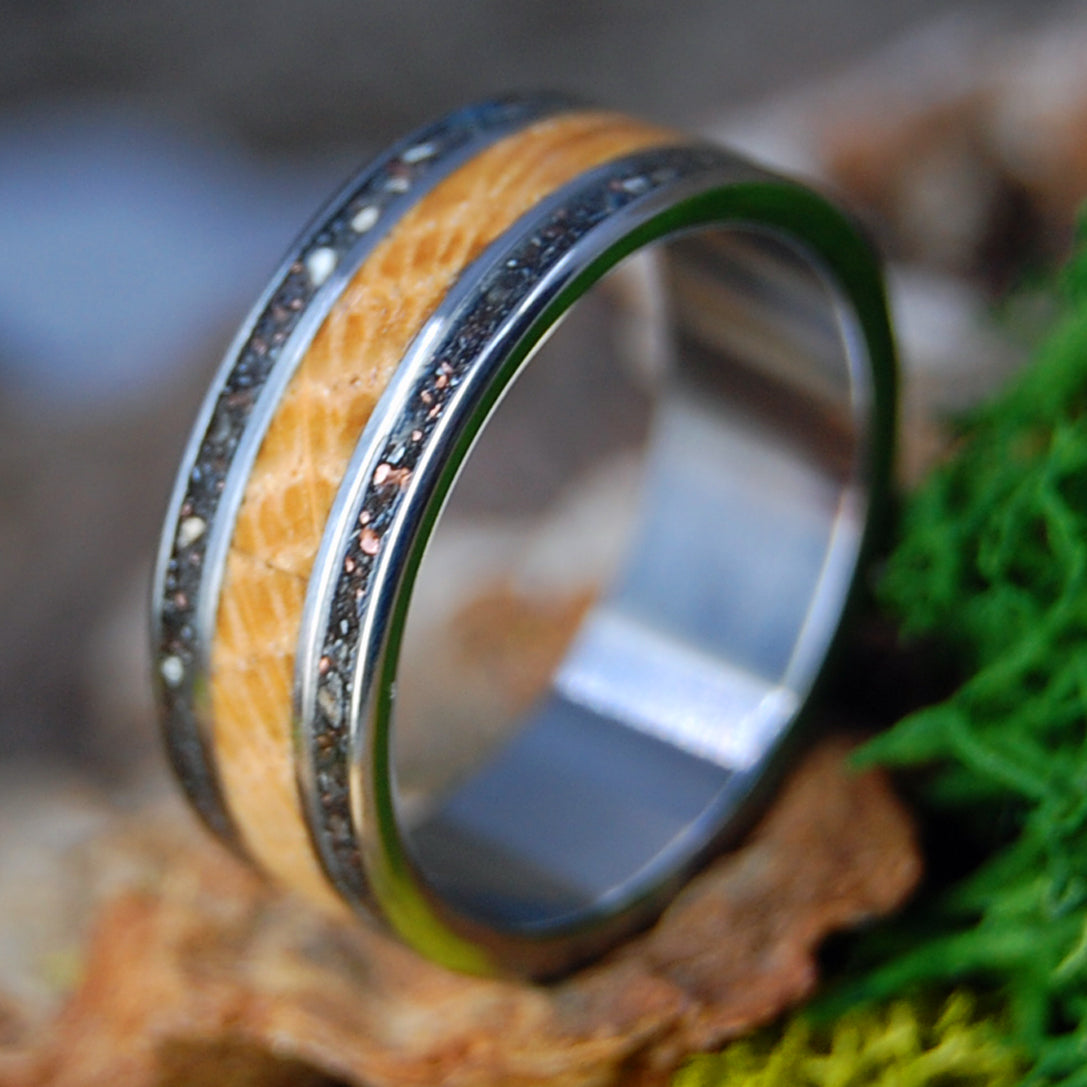 WHISKEY MICHIGAN METEORITE | Men's Crushed Meteorite, Michigan Copper, Petoskey Stone, Whiskey Barrel & Titanium Wedding Ring