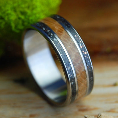 WHISKEY MICHIGAN METEORITE | Men's Crushed Meteorite, Michigan Copper, Petoskey Stone, Whiskey Barrel & Titanium Wedding Ring