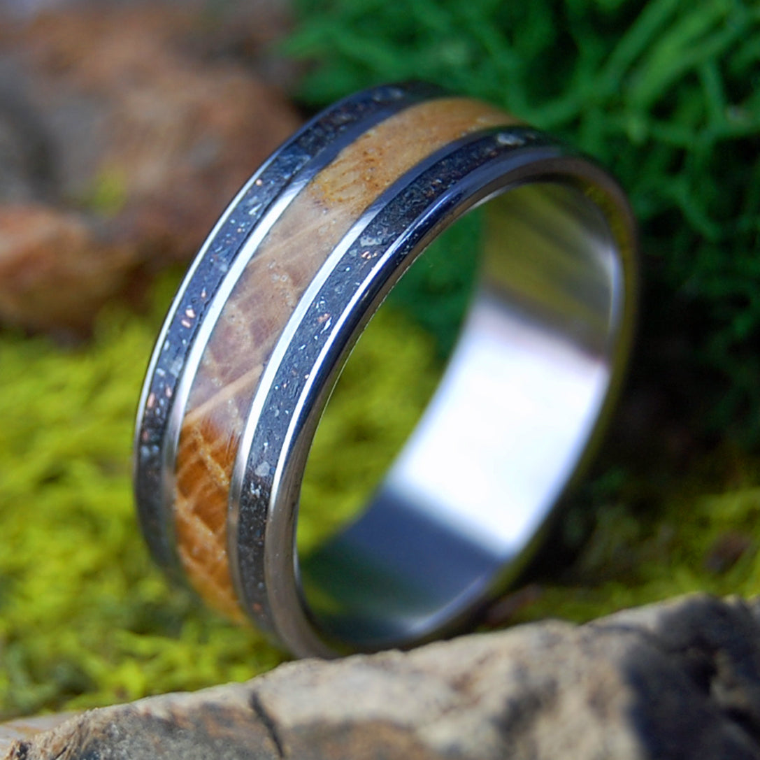 WHISKEY MICHIGAN METEORITE | Men's Crushed Meteorite, Michigan Copper, Petoskey Stone, Whiskey Barrel & Titanium Wedding Ring