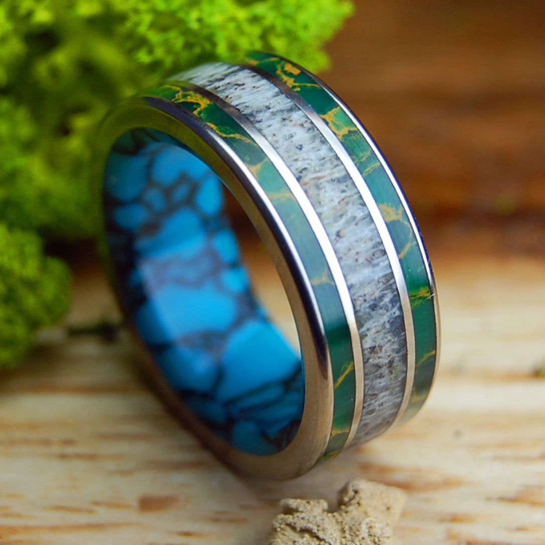 MOOSE IN MAINE GRASS | Men's Egyptian Jade, Turquoise, & Moose Antler Wedding Ring