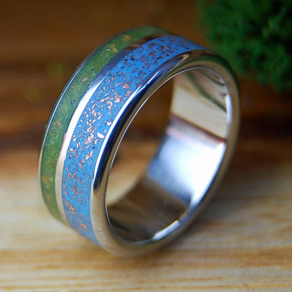 NATIVE TO MANY WORLDS WIDE BLUE | Men's Inox Connemara Marble, Native Michigan Copper & Titanium Wedding Ring