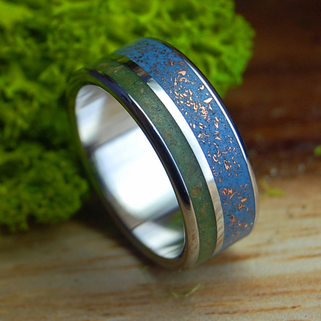 NATIVE TO MANY WORLDS WIDE BLUE | Men's Inox Connemara Marble, Native Michigan Copper & Titanium Wedding Ring