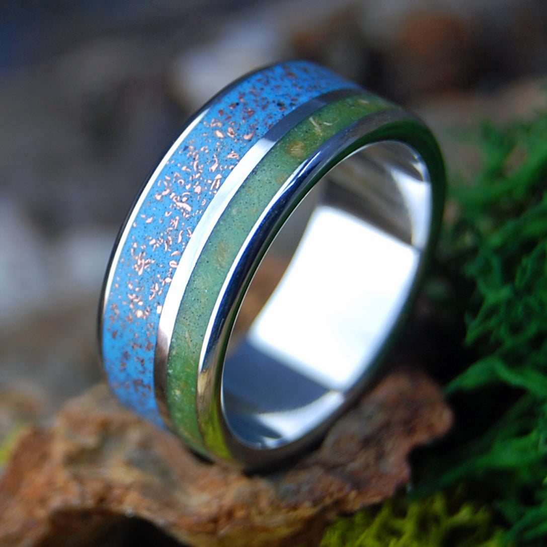 NATIVE TO MANY WORLDS WIDE BLUE | Men's Inox Connemara Marble, Native Michigan Copper & Titanium Wedding Ring