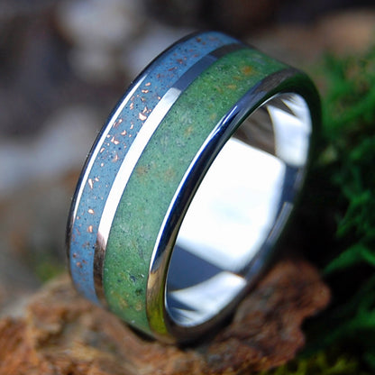 NATIVE TO MANY WORLDS WIDE GREEN | Men's Inox Connemara Marble, Native Michigan Copper & Titanium Wedding Ring