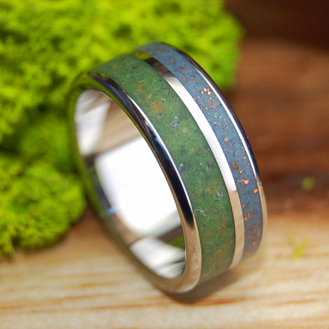NATIVE TO MANY WORLDS WIDE GREEN | Men's Inox Connemara Marble, Native Michigan Copper & Titanium Wedding Ring