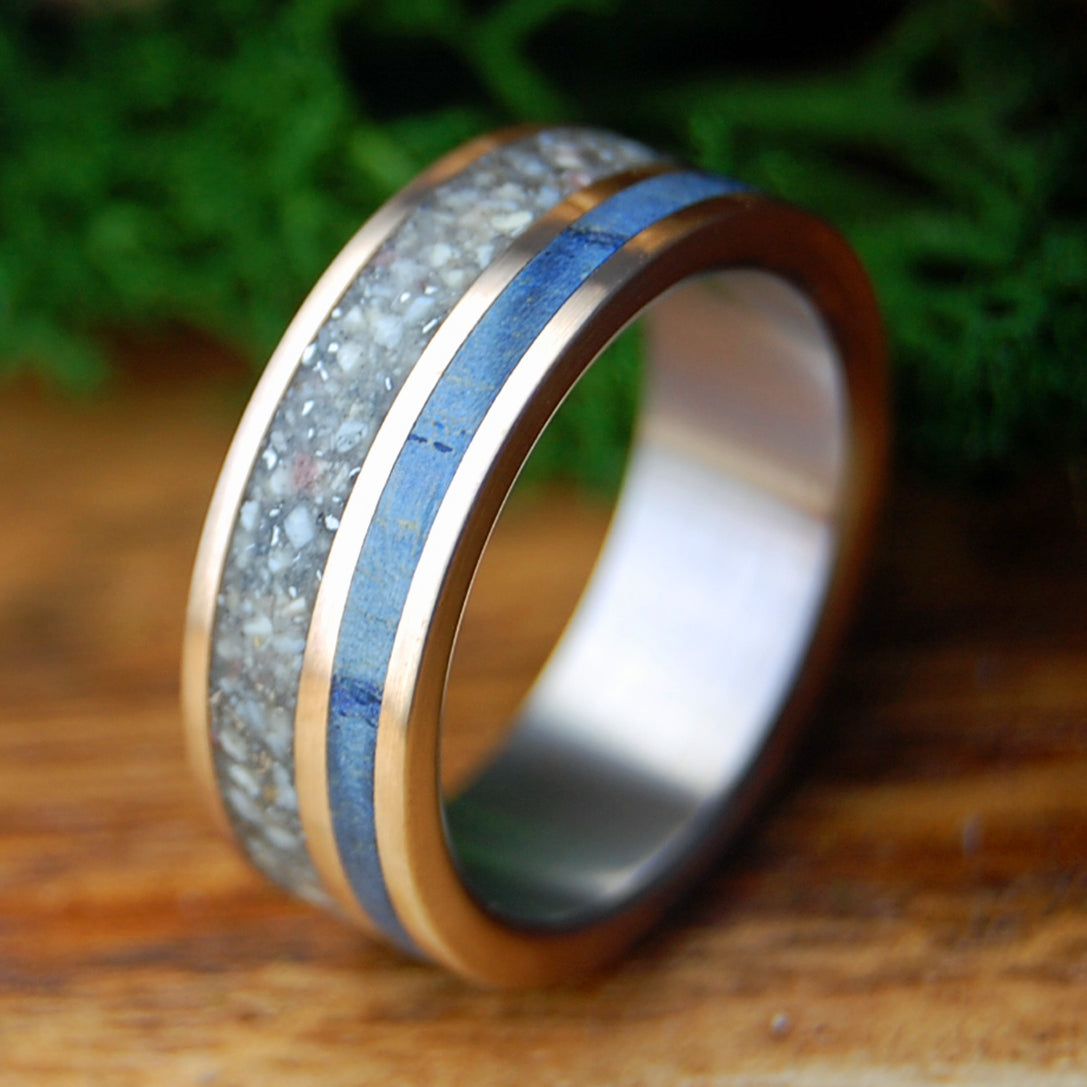 OKINAWA METEORITE | Okinawa Beach Sand, Crushed Meteorite, Wood, Bronze & Titanium Wedding Ring