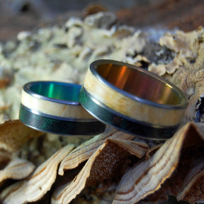 PEACE IN COSTA RICA - SUNSET & GREEN | Box Elder Wood, Green Maple Wood - Wood Wedding Ring Set - Minter and Richter Designs
