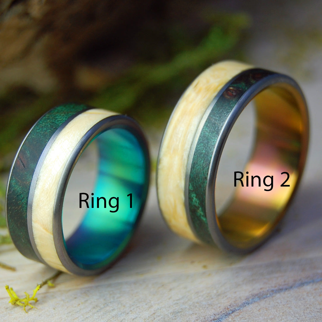 PEACE IN COSTA RICA - SUNSET & GREEN | Box Elder Wood, Green Maple Wood - Wood Wedding Ring Set - Minter and Richter Designs