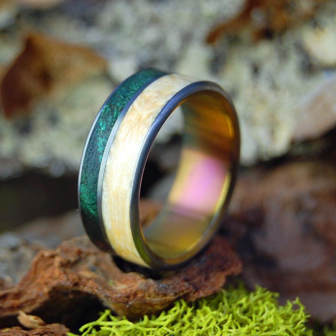 PEACE IN COSTA RICA SUNSET| Green Maple & Box Elder Wood - Wood Wedding Ring - Minter and Richter Designs