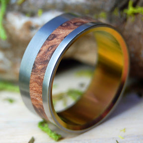 REDWOOD SUNSET | Redwood Burl Titanium Wedding Rings - Minter and Richter Designs
