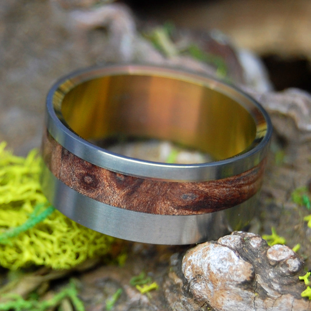 REDWOOD SUNSET | Redwood Burl Titanium Wedding Rings - Minter and Richter Designs