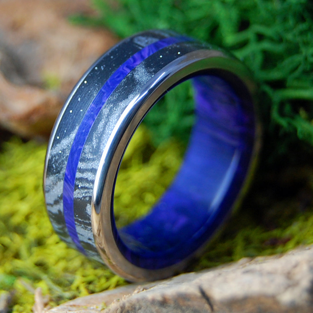 ROUNDED DEEP PURPLE FJORD | Men's Charoite Stone, Black Silver Mokume Gane & Titanium Wedding Ring