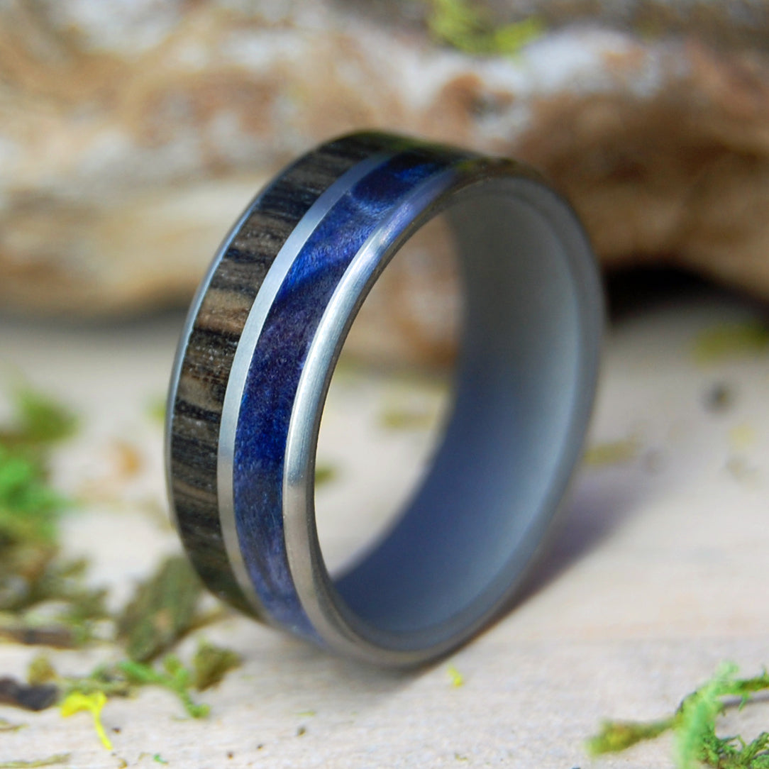 EQUAL SCOTTISH HIGHLANDS | Scottish Bog Oak & Blue Box Elder Wood - Titanium Men's Wedding Rings - Minter and Richter Designs