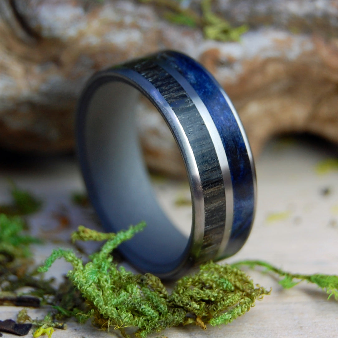 EQUAL SCOTTISH HIGHLANDS | Scottish Bog Oak & Blue Box Elder Wood - Titanium Men's Wedding Rings - Minter and Richter Designs