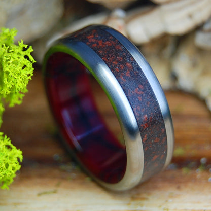 SOUL OF THE CERATOPS | Men's Triceratop Teeth, T-Rex Bone & Oregon Red Lava - Titanium Wedding Ring