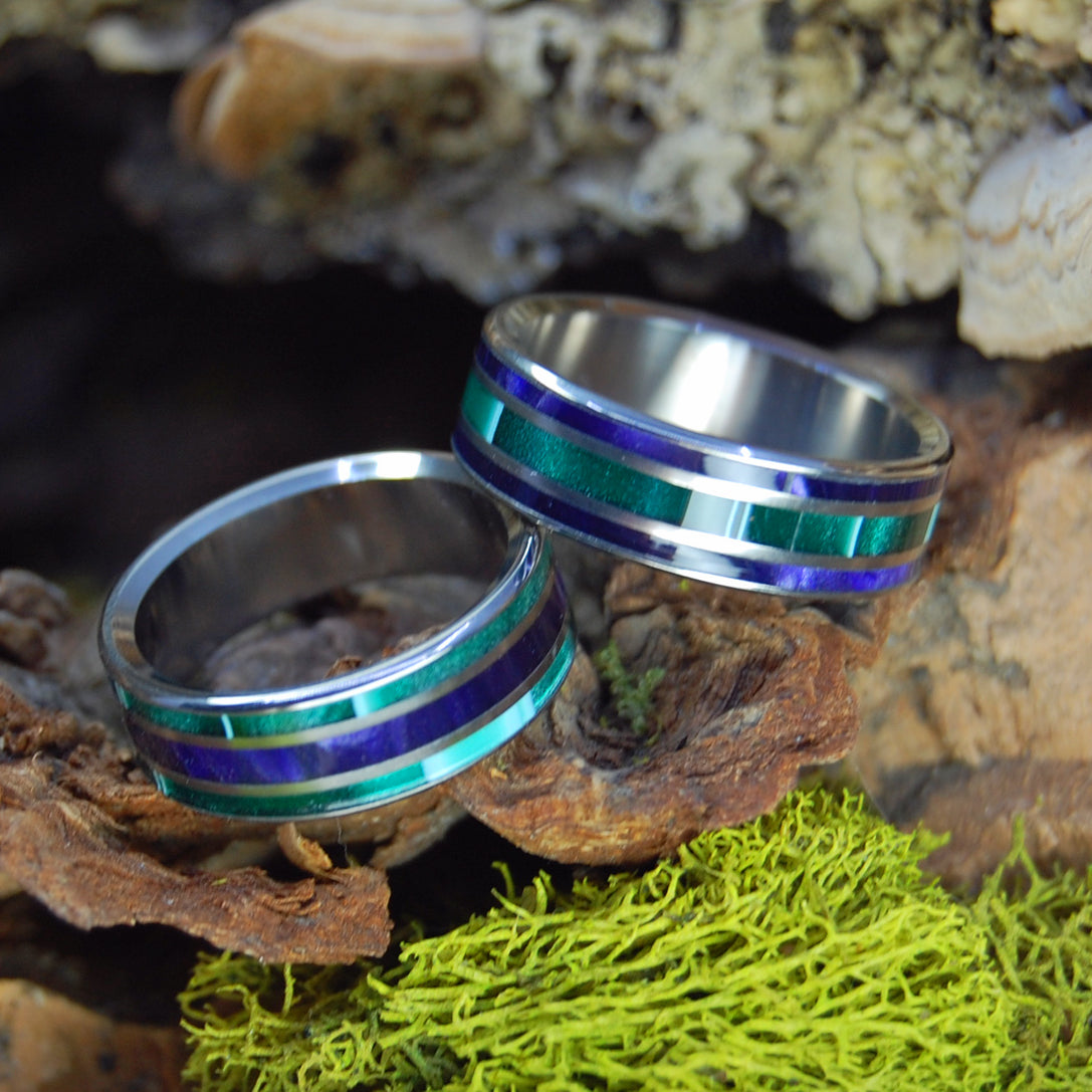 GREEN SHADOWS AND PURPLE PLEASURES | Aquatic Green and Purple Marbled Opalescent - Titanium Wedding Ring Set - Minter and Richter Designs