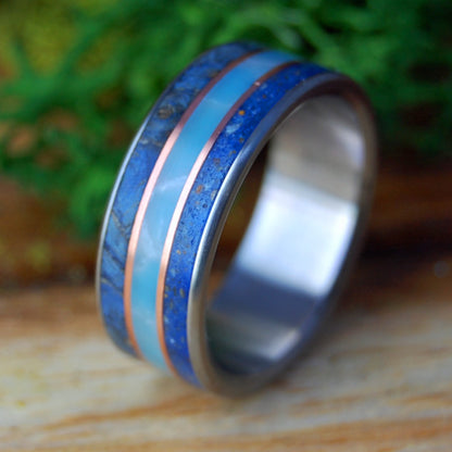 VERO BEACH TI | Men's Blue Box Elder Wood, Vero Beach Sand, Larimar Stone, Copper & Titanium Wedding Ring