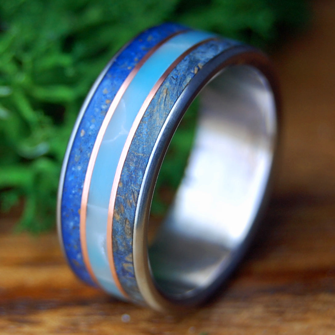 VERO BEACH TI | Men's Blue Box Elder Wood, Vero Beach Sand, Larimar Stone, Copper & Titanium Wedding Ring