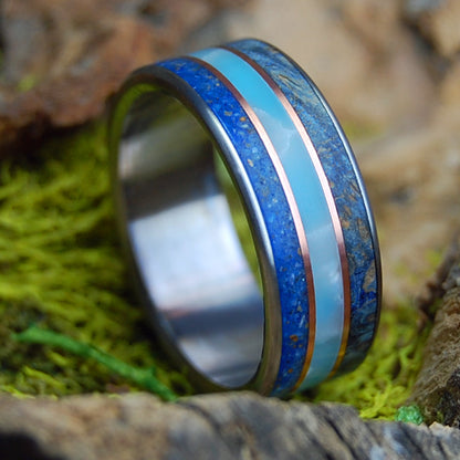 VERO BEACH TI | Men's Blue Box Elder Wood, Vero Beach Sand, Larimar Stone, Copper & Titanium Wedding Ring