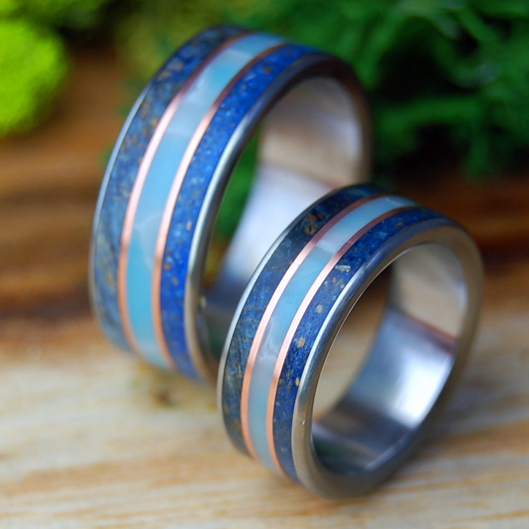 VERO BEACH TI SET | His & Hers Blue Box Elder Wood, Vero Beach Sand, Larimar Stone, Copper & Titanium Wedding Rings