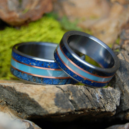 VERO BEACH TI SET | His & Hers Blue Box Elder Wood, Vero Beach Sand, Larimar Stone, Copper & Titanium Wedding Rings