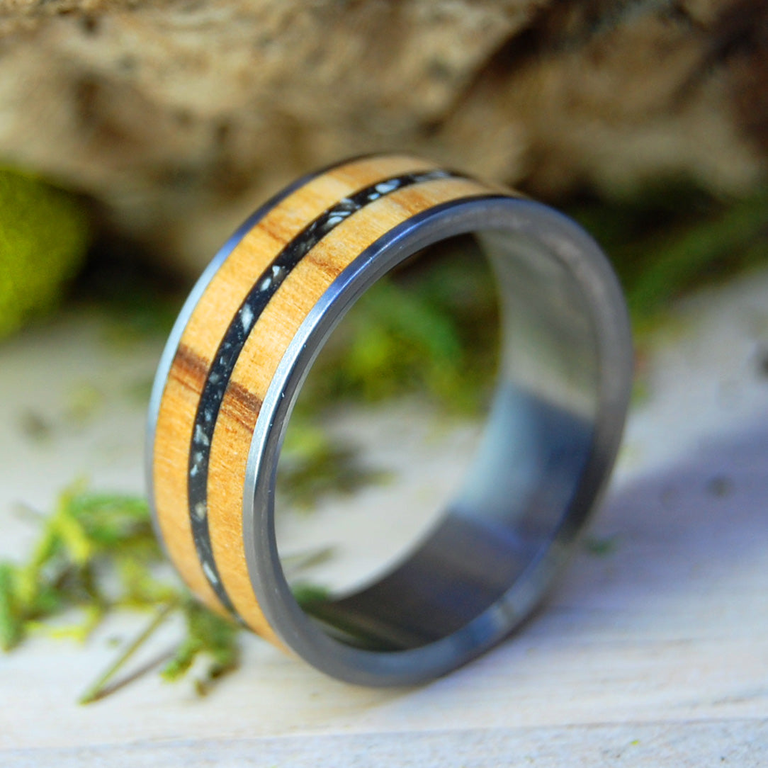 DAVID & GOLIATH IN THE VALLEY OF ELAH | Olive Wood & Stones from Valley of Elah, Israel - Titanium Wedding Ring - Minter and Richter Designs