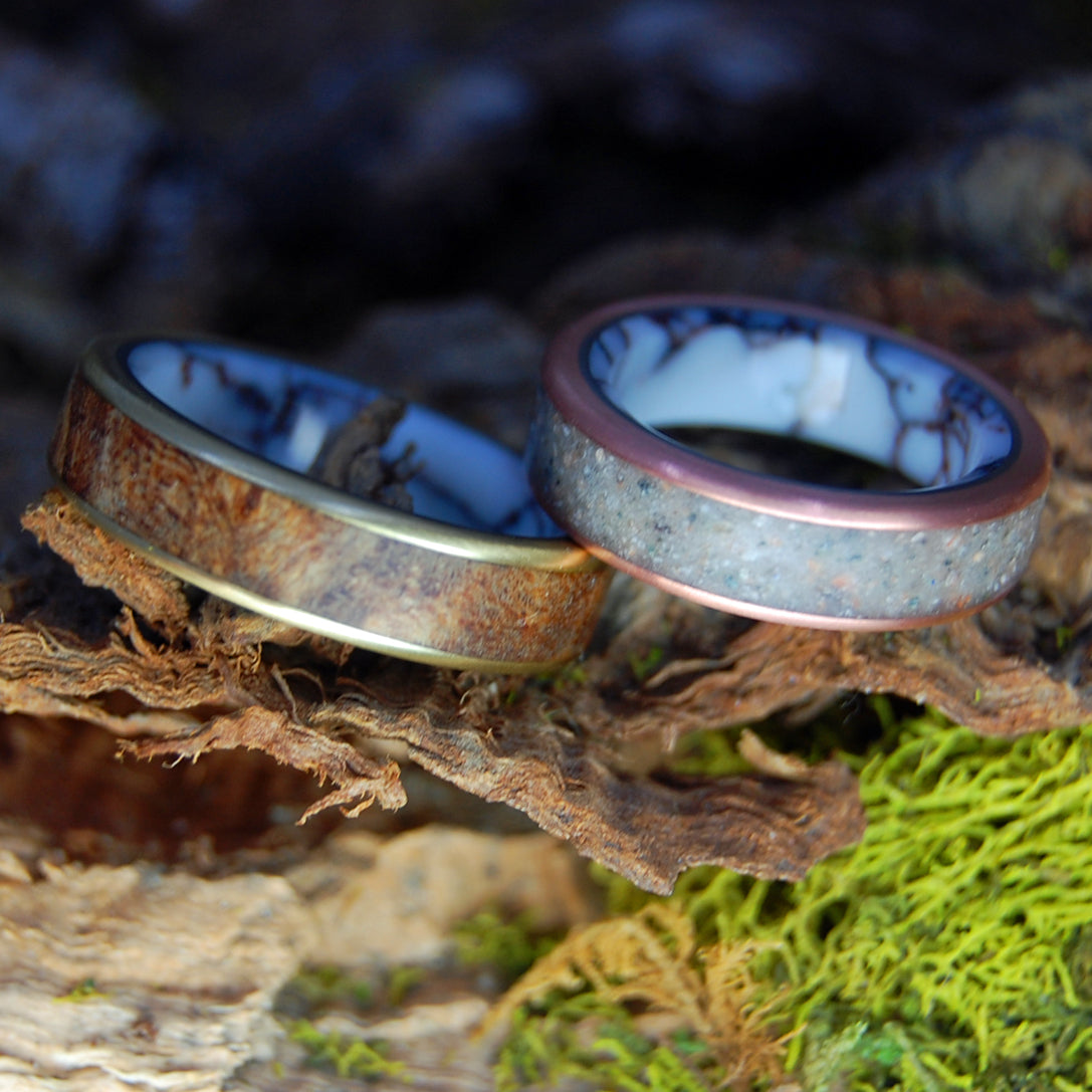 CAMBODIAN WILD SPALTED MAPLE | Cambodian Rocks, Brass, Copper, Maple, Wild Horse Jasper - His & Hers Wedding Bands - Stone Wedding Rings