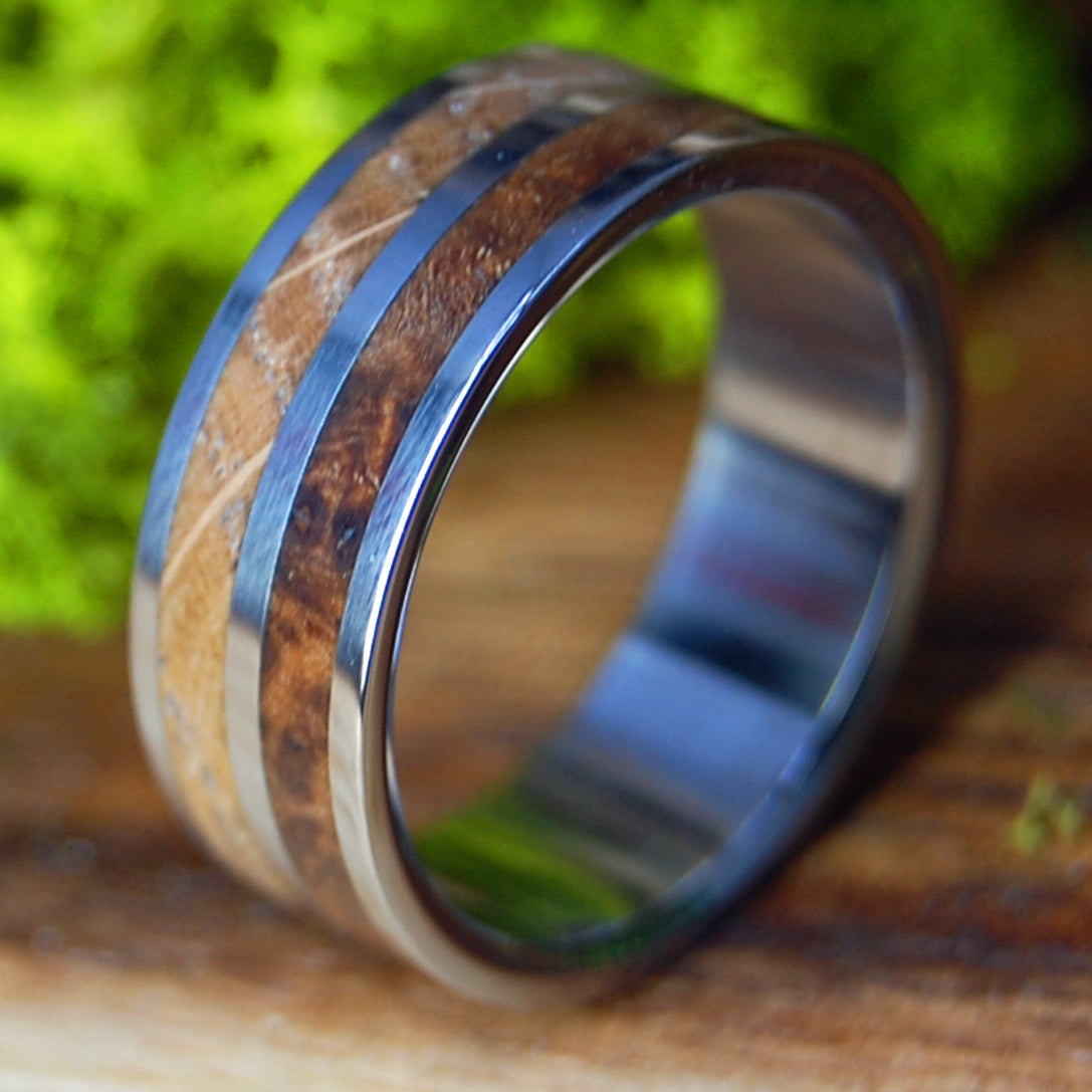 WHISKEY WOOLLEY | Men's Whiskey Barrel & Box Elder Wood & Titanium Wedding Ring