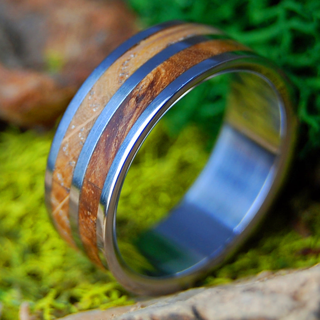 WHISKEY WOOLLEY | Men's Whiskey Barrel & Box Elder Wood & Titanium Wedding Ring