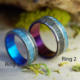 YOUR PERSONAL ROCKS OR SAND PURPLE AND BLUE | Your rocks and sand & Irish Bog Oak - Titanium Wedding Rings - Minter and Richter Designs
