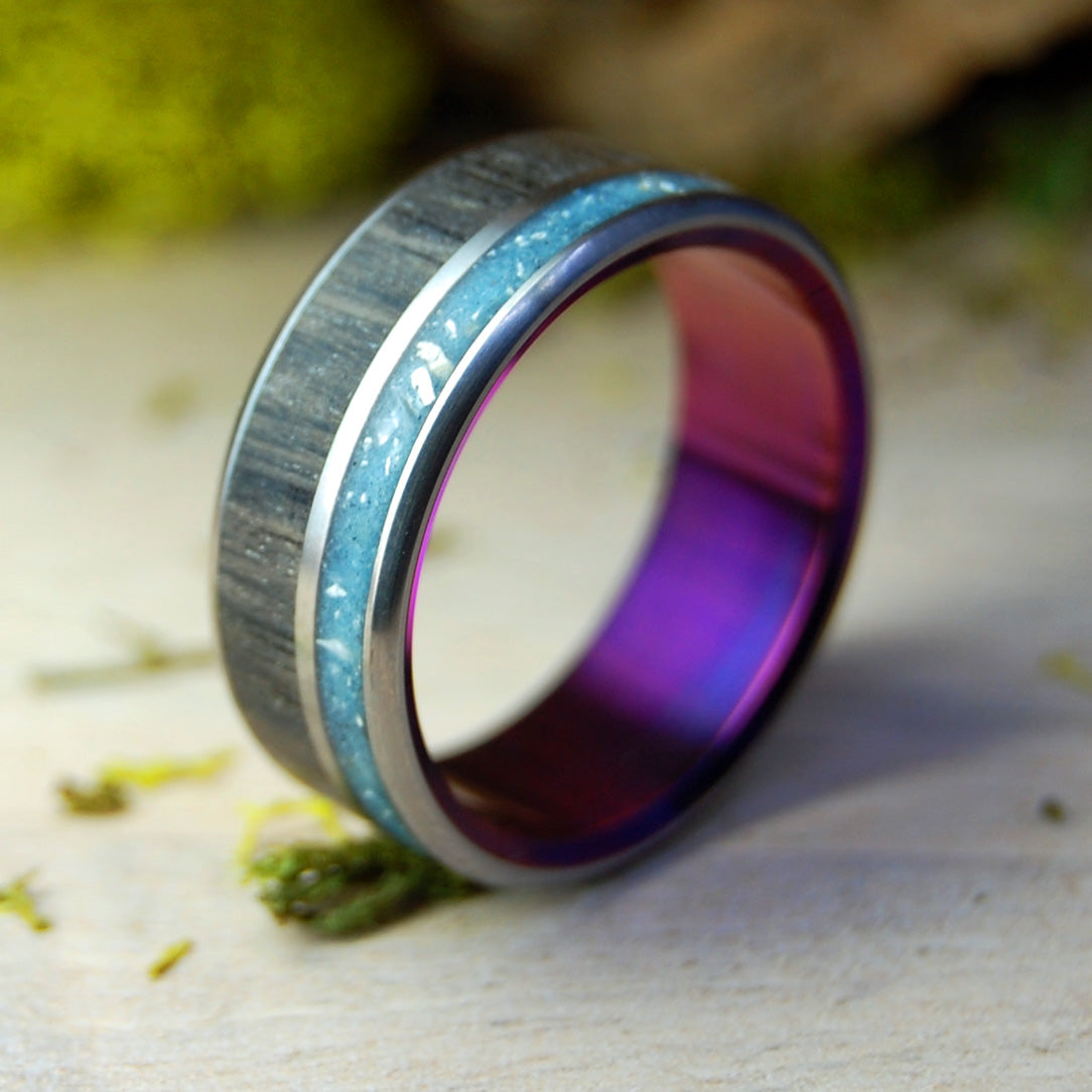 YOUR PERSONAL ROCKS OR SAND PURPLE | Your rocks and sand & Irish Bog Oak - Titanium Wedding Ring - Minter and Richter Designs