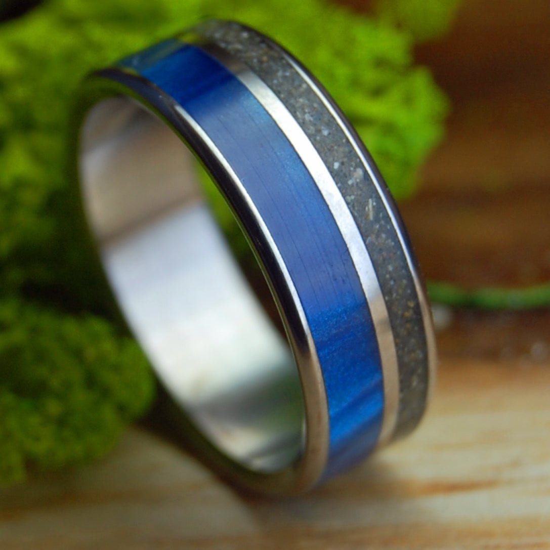 AGUADILLO BLUE | Beach Sand & Blue Marbled Opalescent Titanium Men's Wedding Ring - Minter and Richter Designs