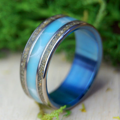 Aguadillo Puerto Rico | Men's Aguadillo PR Beach Sand, Larimar Stone & Titanium Wedding Ring - Minter and Richter Designs