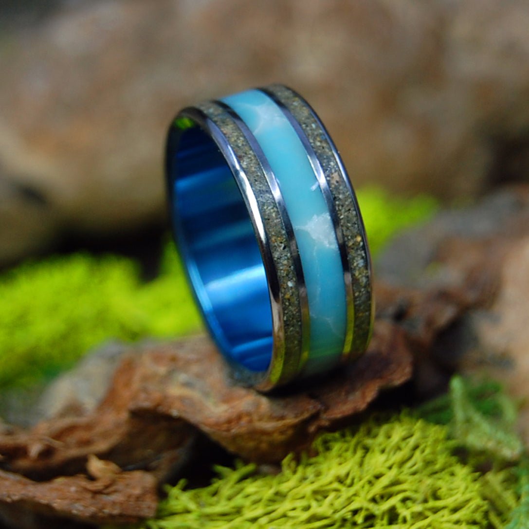 Aguadillo Puerto Rico | Men's Aguadillo PR Beach Sand, Larimar Stone & Titanium Wedding Ring - Minter and Richter Designs