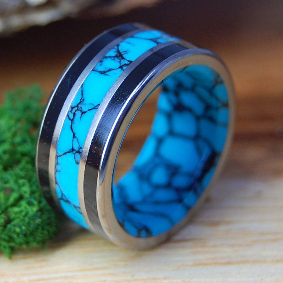 ALWAYS REIGN | Size 9.5 At 11mm | Turquoise, Onyx & Titanium | Unique Wedding Band | On Sale - Minter and Richter Designs