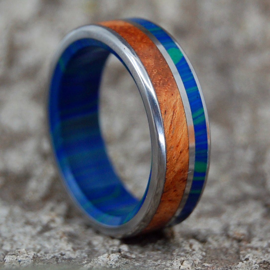 Amboyna Azurite | Men's Amboyna Burl Wood, Azurite Malachite Stone & Titanium Wedding Ring - Minter and Richter Designs