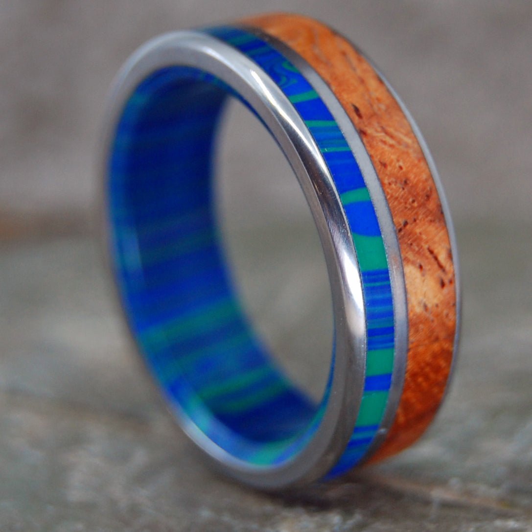 Amboyna Azurite | Men's Amboyna Burl Wood, Azurite Malachite Stone & Titanium Wedding Ring - Minter and Richter Designs