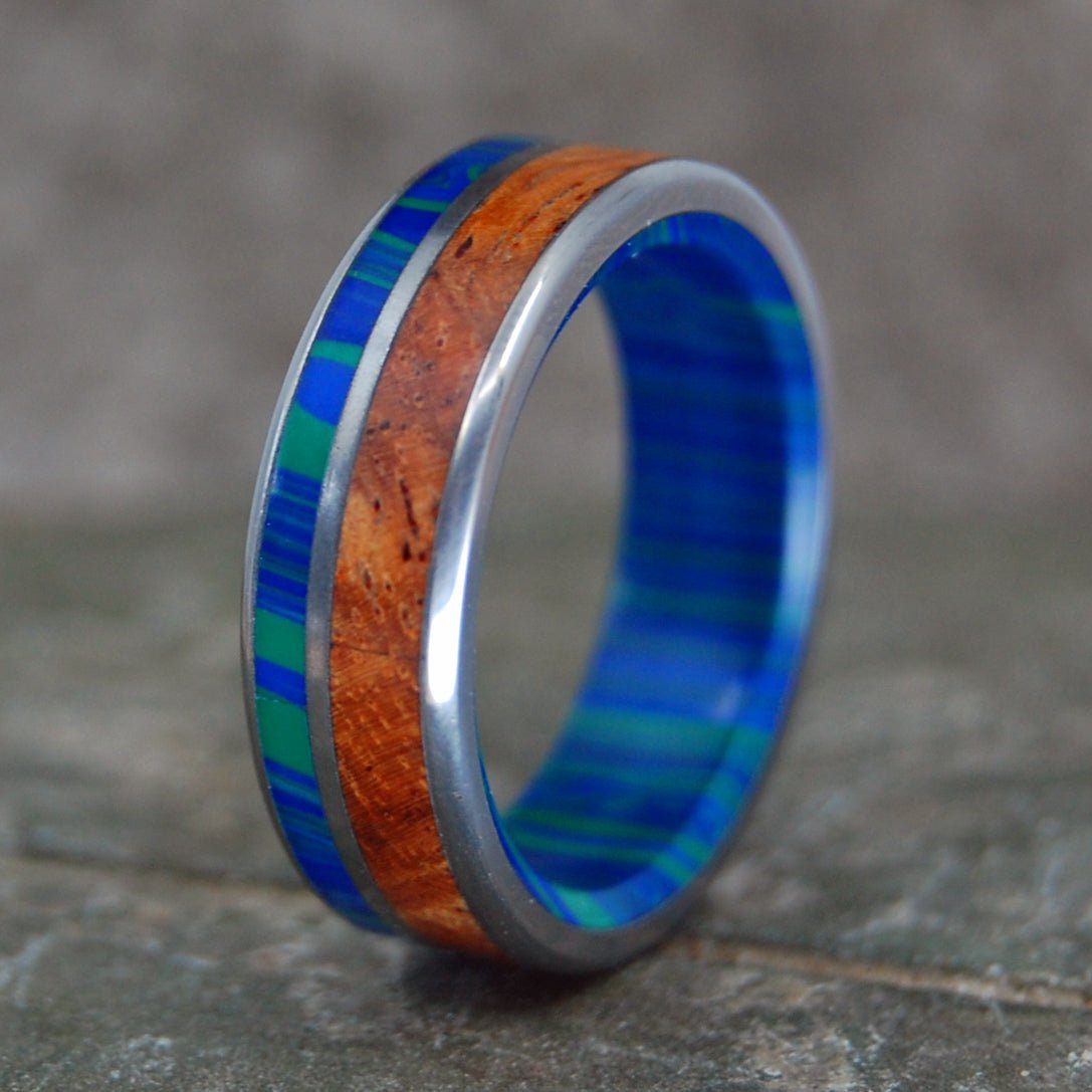 Amboyna Azurite | Men's Amboyna Burl Wood, Azurite Malachite Stone & Titanium Wedding Ring - Minter and Richter Designs