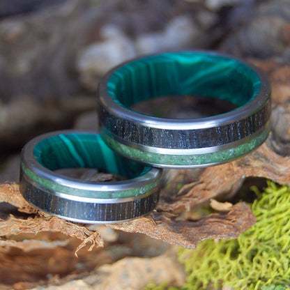 AMERICAN DIRT, IRISH BOG | Irish Bog Oak, Connemara Marble, Appalachian Trail Dirt, Banded Malachite & Titanium Wedding Rings Set - Minter and Richter Designs