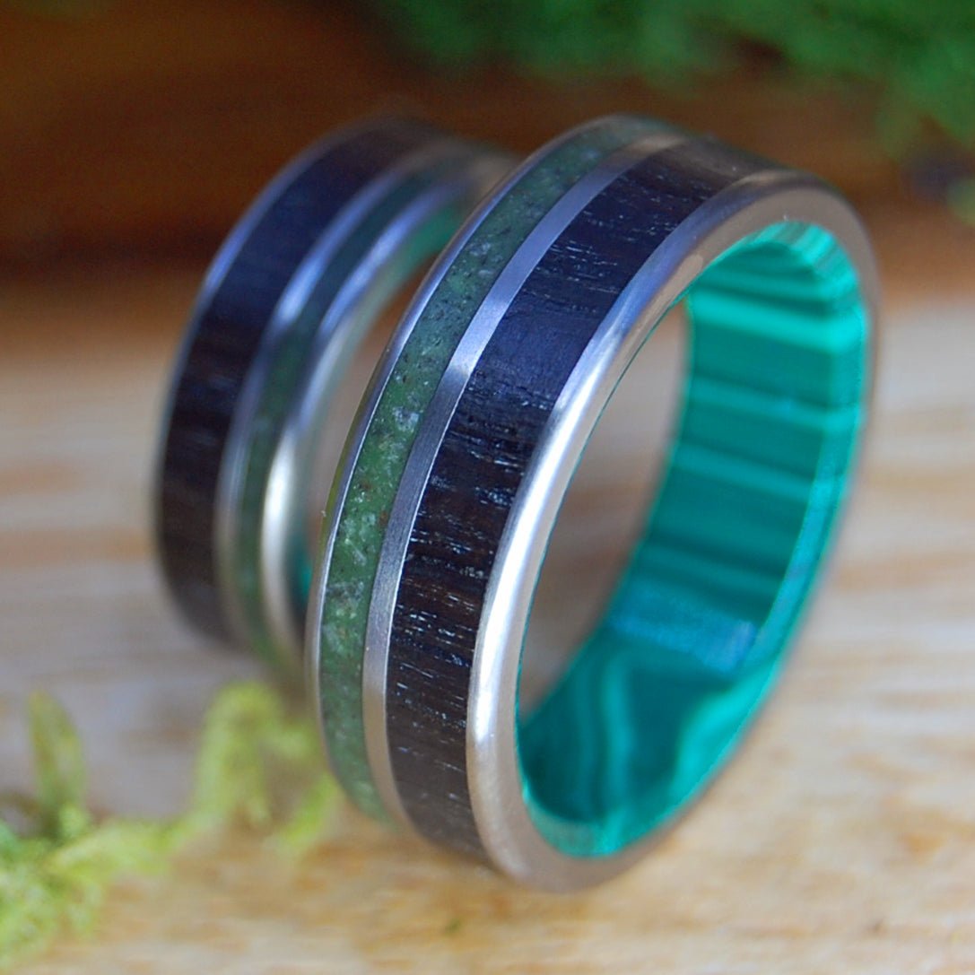 AMERICAN DIRT, IRISH BOG | Irish Bog Oak, Connemara Marble, Appalachian Trail Dirt, Banded Malachite & Titanium Wedding Rings Set - Minter and Richter Designs