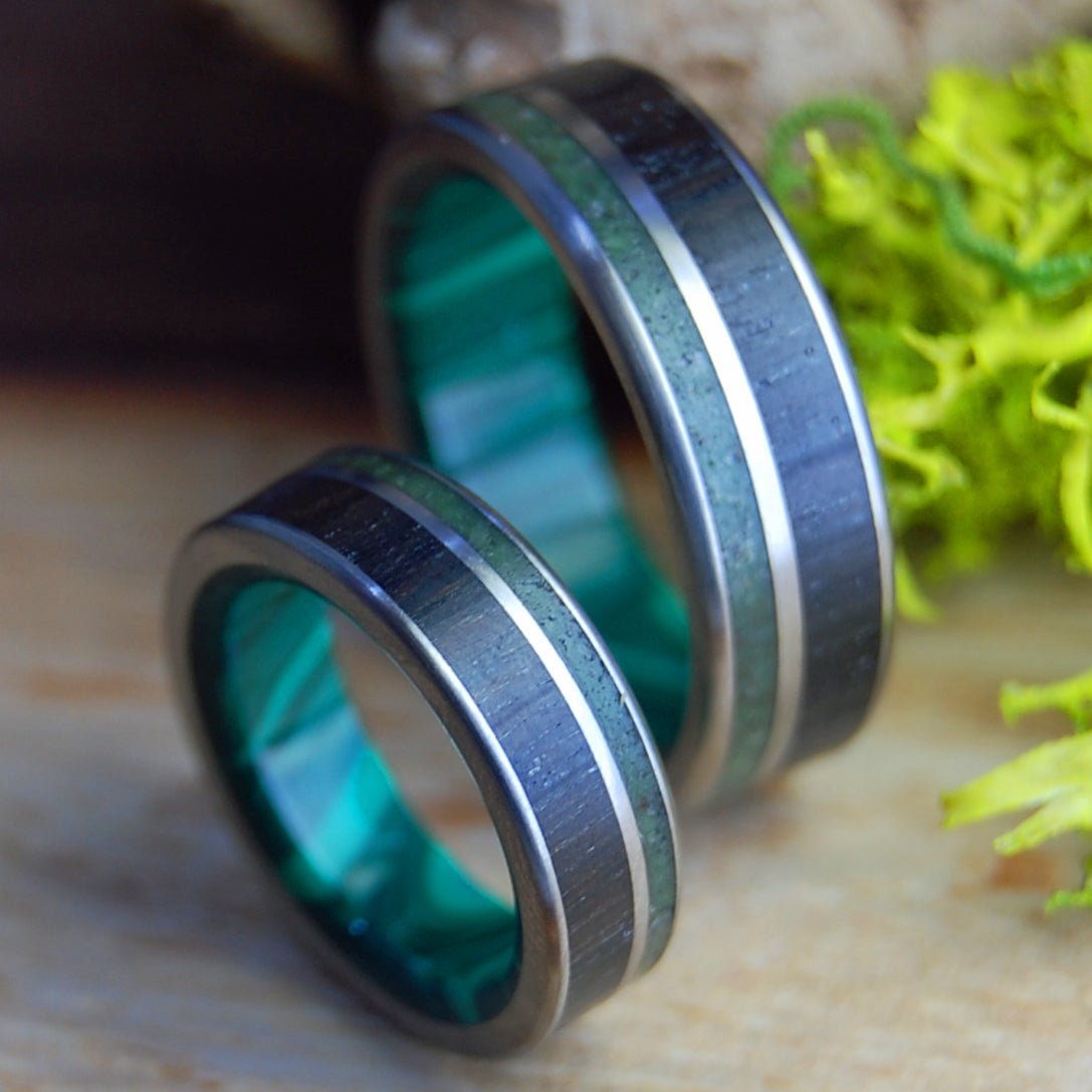 AMERICAN DIRT, IRISH BOG | Irish Bog Oak, Connemara Marble, Appalachian Trail Dirt, Banded Malachite & Titanium Wedding Rings Set - Minter and Richter Designs