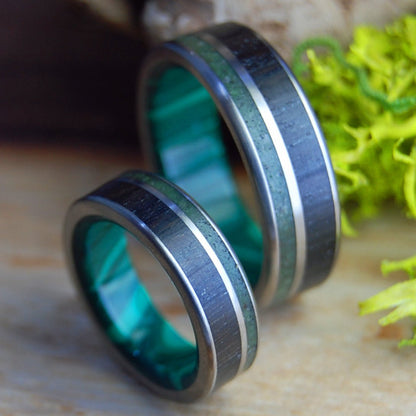 AMERICAN DIRT, IRISH BOG | Irish Bog Oak, Connemara Marble, Appalachian Trail Dirt, Banded Malachite & Titanium Wedding Rings Set - Minter and Richter Designs