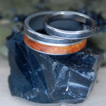 ARMENIAN OBSIDIAN AMBOYNA SET | Armenian Obsidian & Amboyna Wood Wedding Rings Set - Minter and Richter Designs