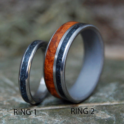 ARMENIAN OBSIDIAN AMBOYNA SET | Armenian Obsidian & Amboyna Wood Wedding Rings Set - Minter and Richter Designs