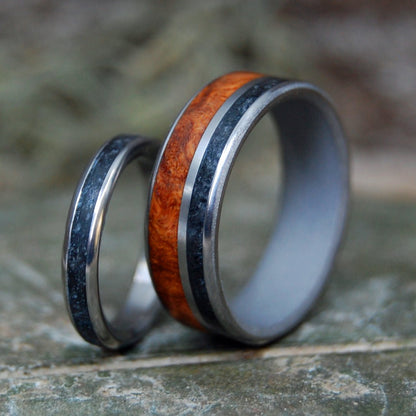 ARMENIAN OBSIDIAN AMBOYNA SET | Armenian Obsidian & Amboyna Wood Wedding Rings Set - Minter and Richter Designs