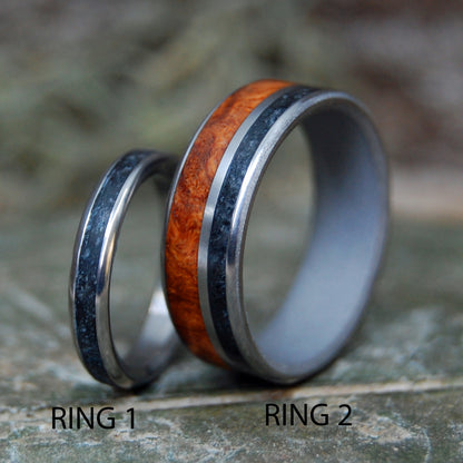 ARMENIAN OBSIDIAN AMBOYNA SET | Armenian Obsidian & Amboyna Wood Wedding Rings Set