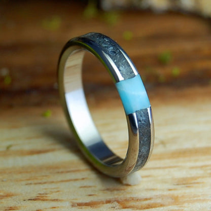 ASSATEAGUE SKIES | Assateague Beach Sand, Larimar Stone, Crushed Larimar & Titanium Wedding Ring - Minter and Richter Designs